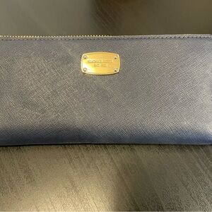 Michael Kors Navy Saffiano Zip-Around Wallet with Gold Plate